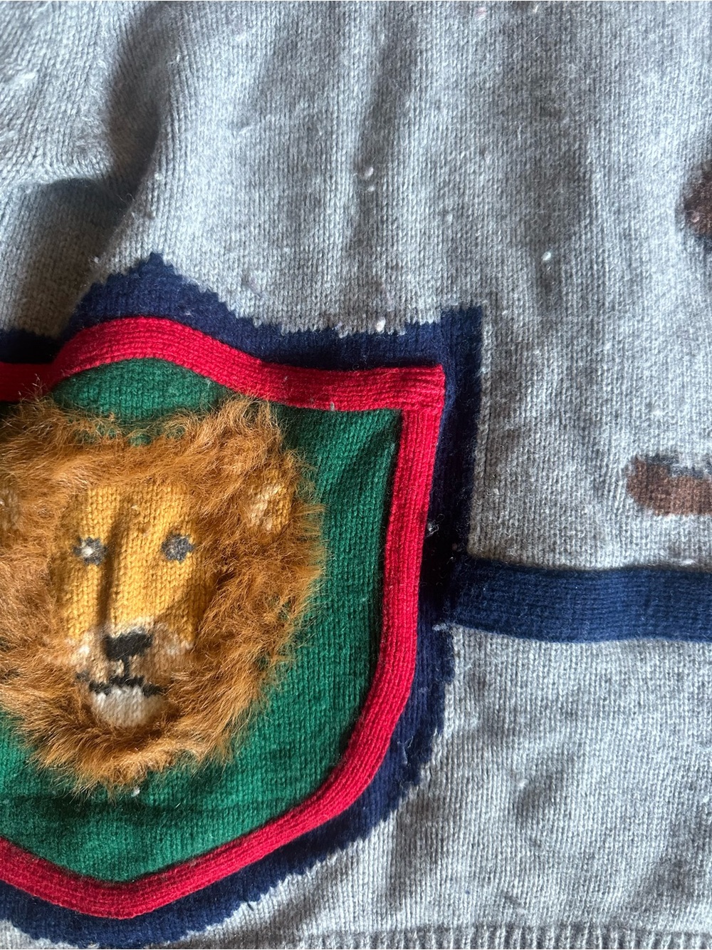 Mini Boden Gray Knit Hoodie with Lion Shield and Red Tassel - Picture 2 of 4